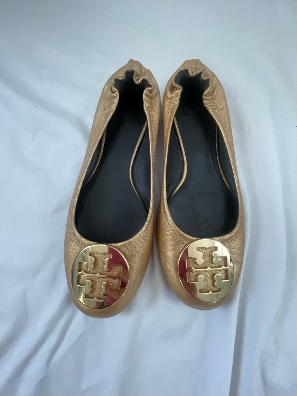 Tory Burch Gold Metallic Reva Logo Ballet Flats